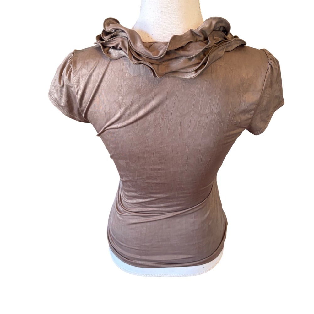 Y2K Taupe Waterfall Ruffle Faux Wrap Top Metallic Small Ruched Glam Romantic - Picture 3 of 7